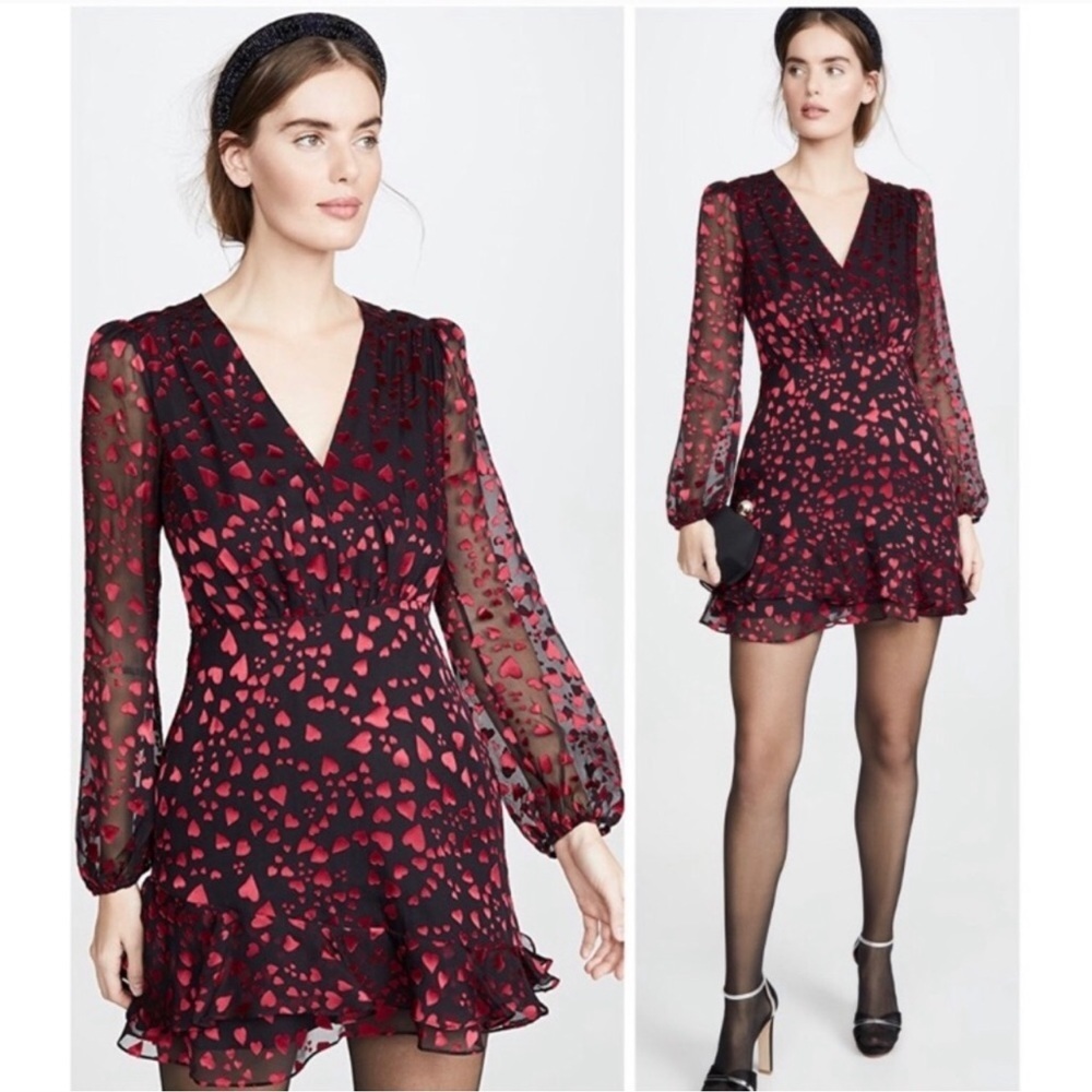 SALONI Alya Heart-Print Jacquard Long Sleeve Silk-Blend Mini Dress Sz 0 - Picture 7 of 16